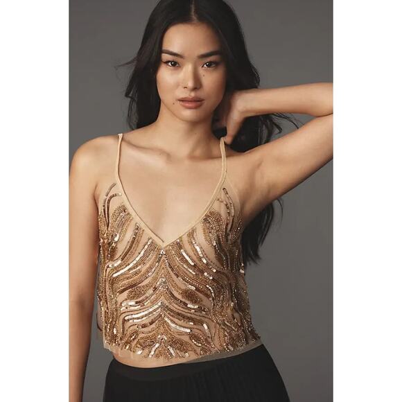 by Anthropologie Gold Embellished Mesh V Neck Cami Womens Medium / Large AS IS - Picture 1 of 7
